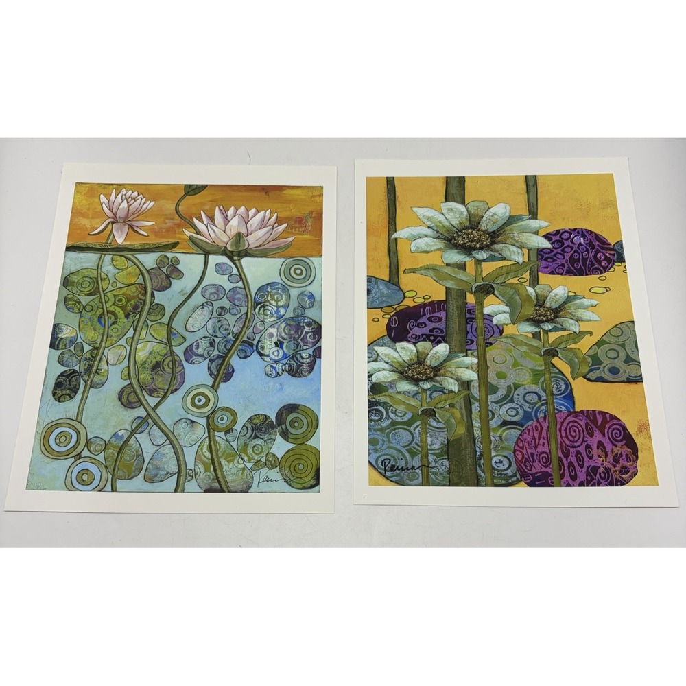Unframed art prints Set of 2 Lily Pond Garden Blues Colorful Happy Raina Gentry